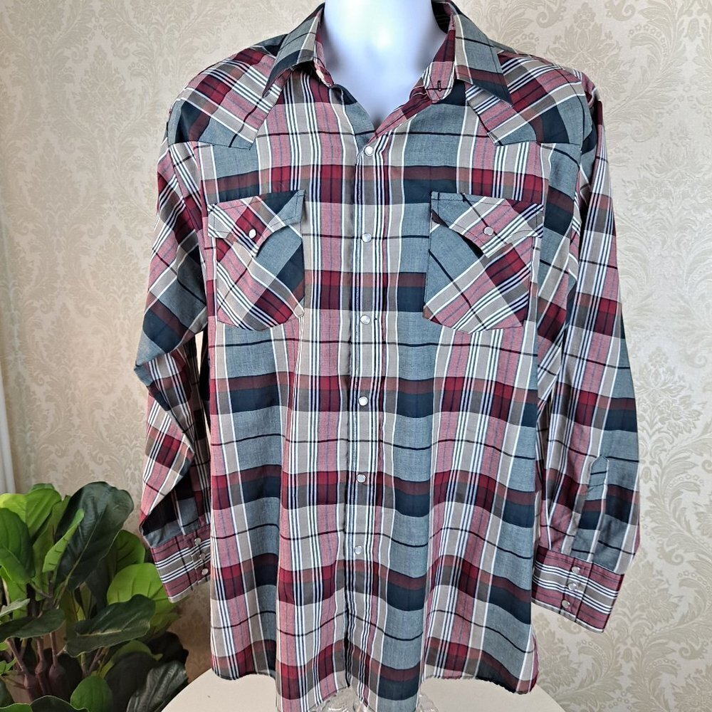 Ely Cattleman Size XL Western Shirt Red/Black/Gray Plaid Pearl Snaps Long Sleeve